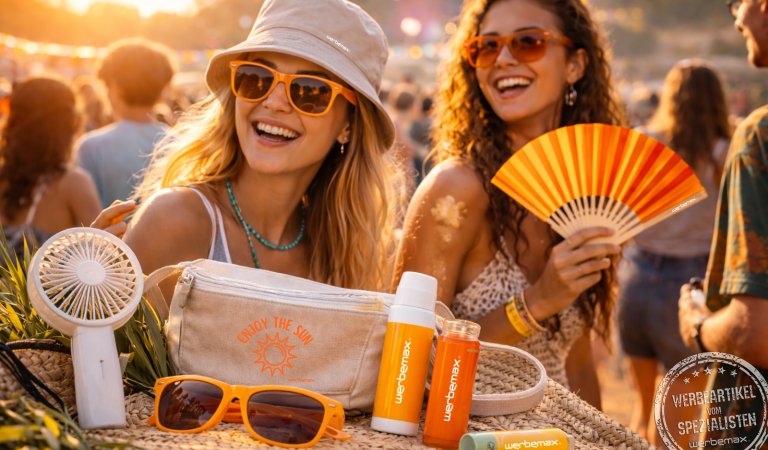 Festival Merch mit Sonnenbrille, Bucket Hat, G&uuml;rteltasche, Handventilator und Energy Shot bei sommerlichem Festival-Event der Gen Z.