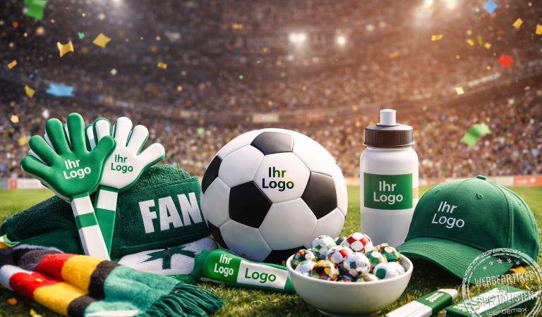 Werbegeschenke zur Fu&szlig;ball-Weltmeisterschaft: Fu&szlig;ball, Fanartikel, Trinkflasche, Cap und S&uuml;&szlig;igkeiten mit Aufdruck &bdquo;Ihr Logo&ldquo; im Stadionambiente.