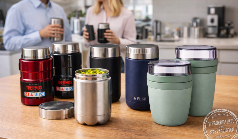 Thermobehälter für Essen als nachhaltiger Werbeartikel in einer modernen Büroküche – Mitarbeiter nutzen isolierte Lunchbehälter in der Mittagspause.