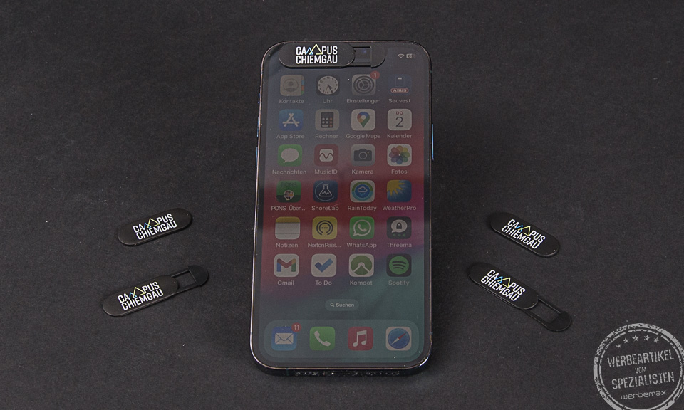 Webcam Abdeckung mit Logo Campus Chiemgau als Werbeartikel.