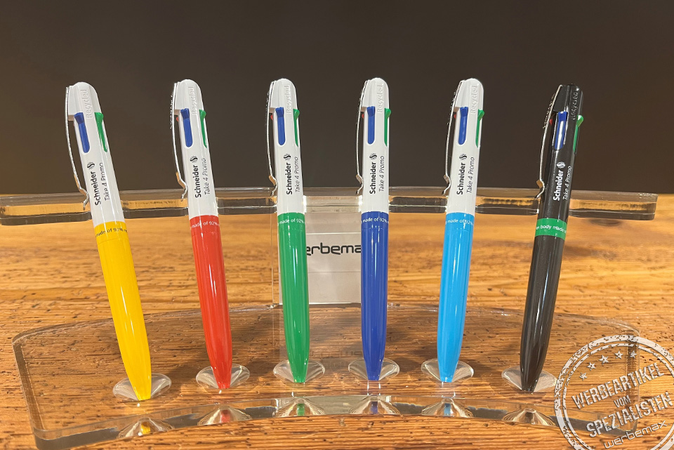 Sechs Werbekugelschreiber Schneider Take mit farbigem Schaft als Werbeartikel