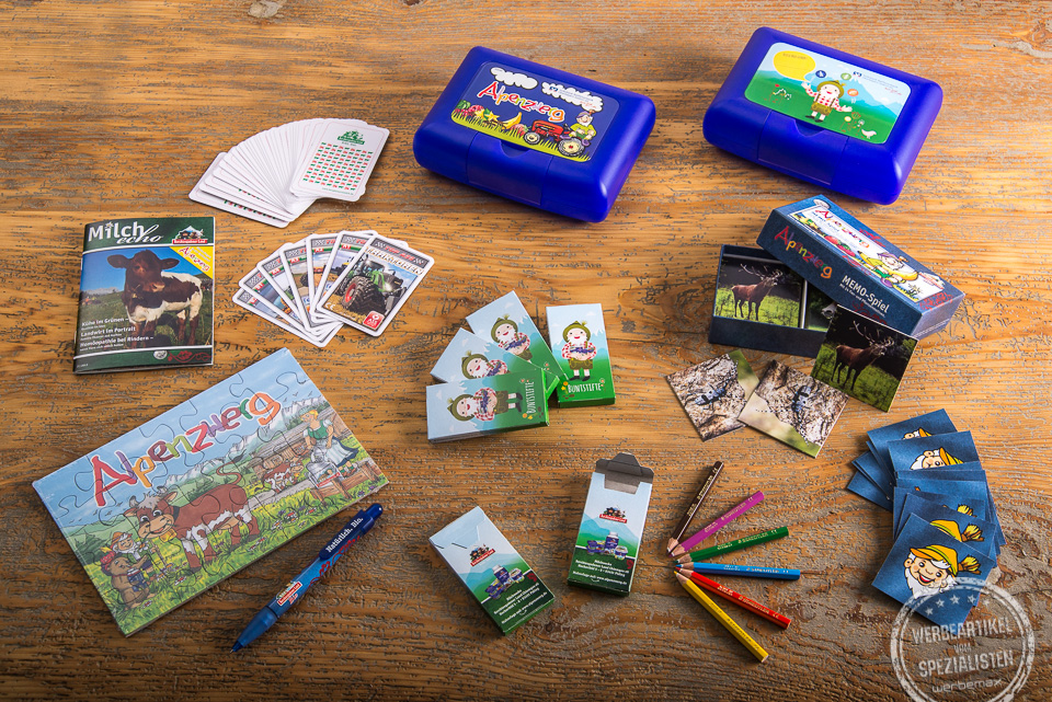 Verschiedene Werbeartikel f&uuml;r Milchwerke Berchtesgadener Land mit Logo bedruckt.